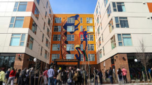 The Liberty Bank Building 24th Ave residential courtyard. Photo by OutsideThinc. Mural by Al Doggett.